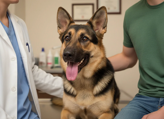 German Shepherd in a vet office learning about canine cancer treatment