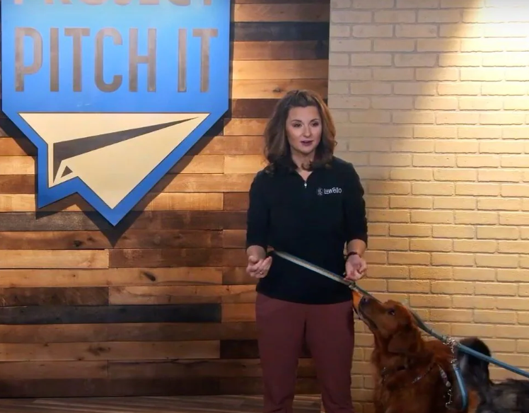 Luwello founder Jen pitching the Settle Mat and American-made hands-free dog leash on the Project Pitch It Season 9 stage to win the top prize.