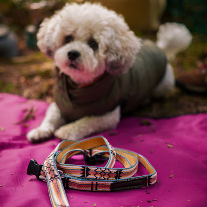 Dog resting on a Luwello Settle Mat under a patio table at an outdoor restaurant